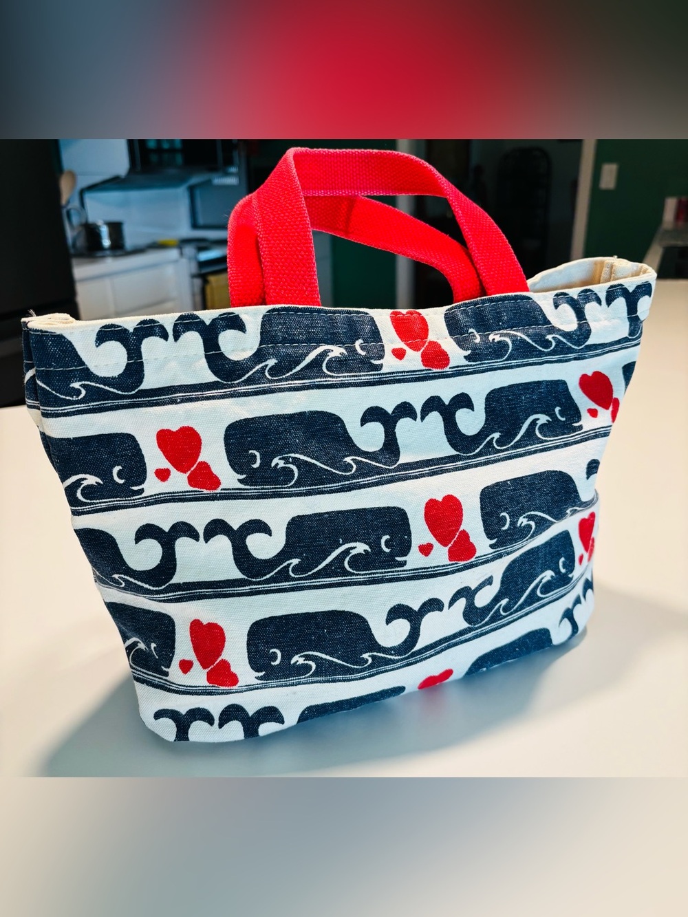 Vintage Pappagallo Navy Whale Print Canvas Tote with Red Handles